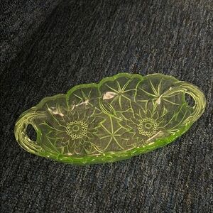Green Uranium Glass Floral Serving Tray- pickle dish. No chips perfect shape